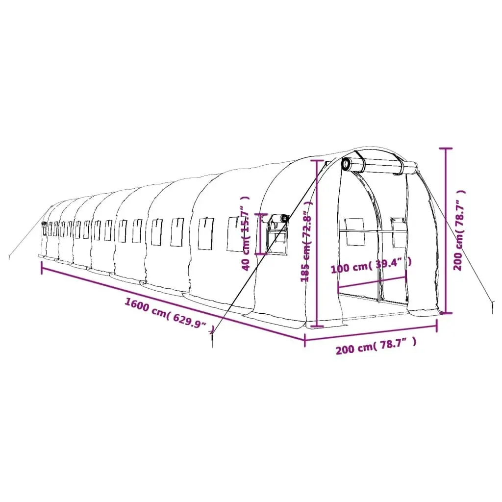 Greenhouse with Steel Frame Green 32 mÂ² 16x2x2 m 3188023