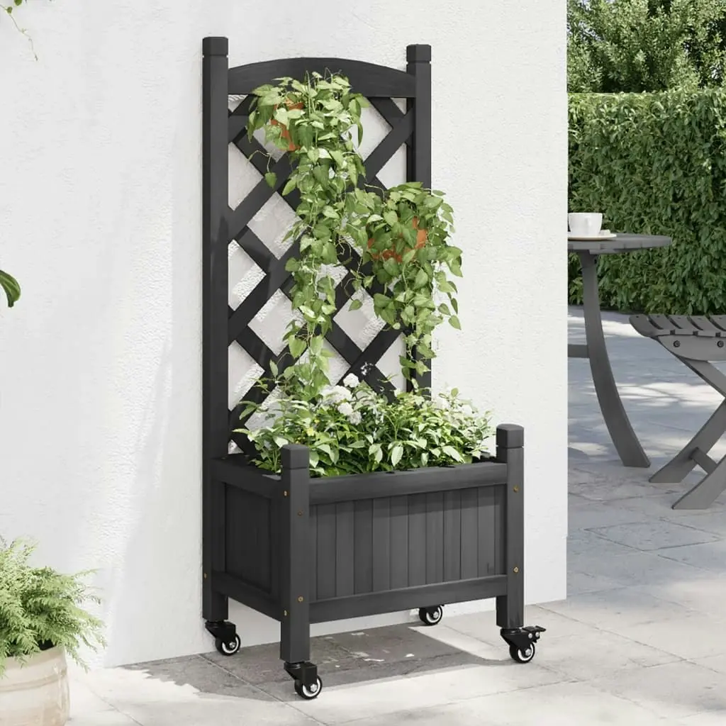 Planter with Trellis and Wheels Black Solid Wood Fir 3207646