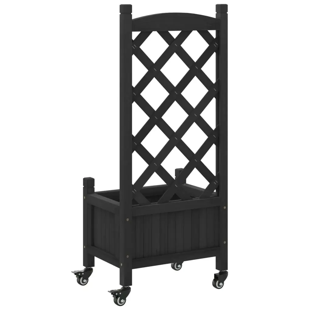 Planter with Trellis and Wheels Black Solid Wood Fir 3207646