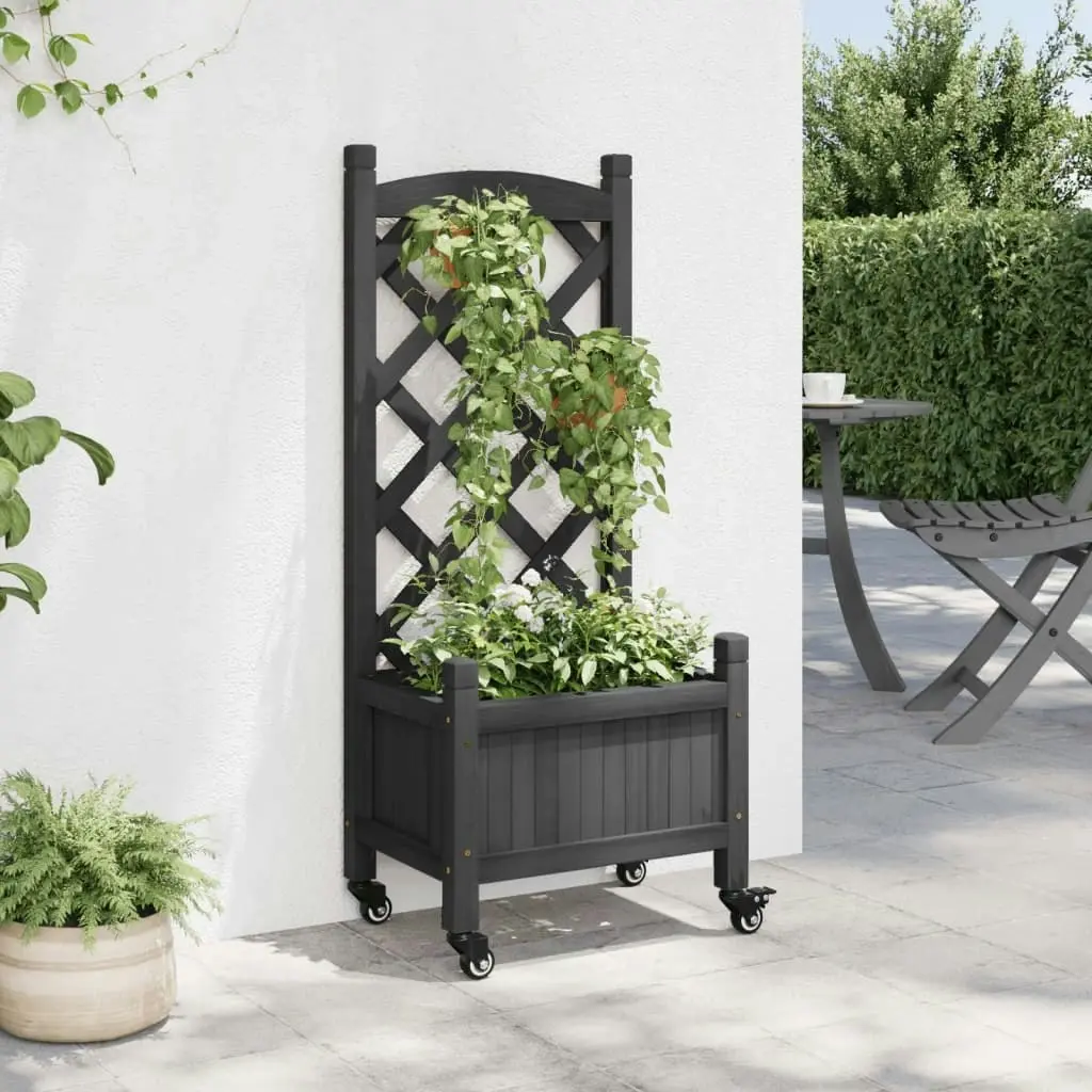 Planter with Trellis and Wheels Black Solid Wood Fir 3207646