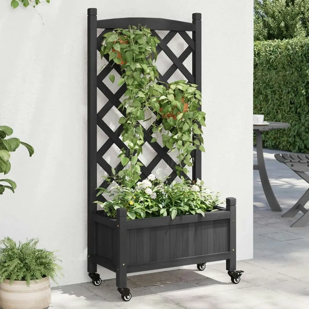 Planter with Trellis and Wheels Black Solid Wood Fir 3207649