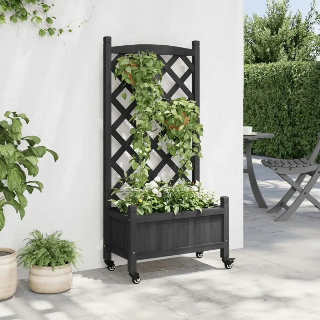 Planter with Trellis and Wheels Black Solid Wood Fir 3207649