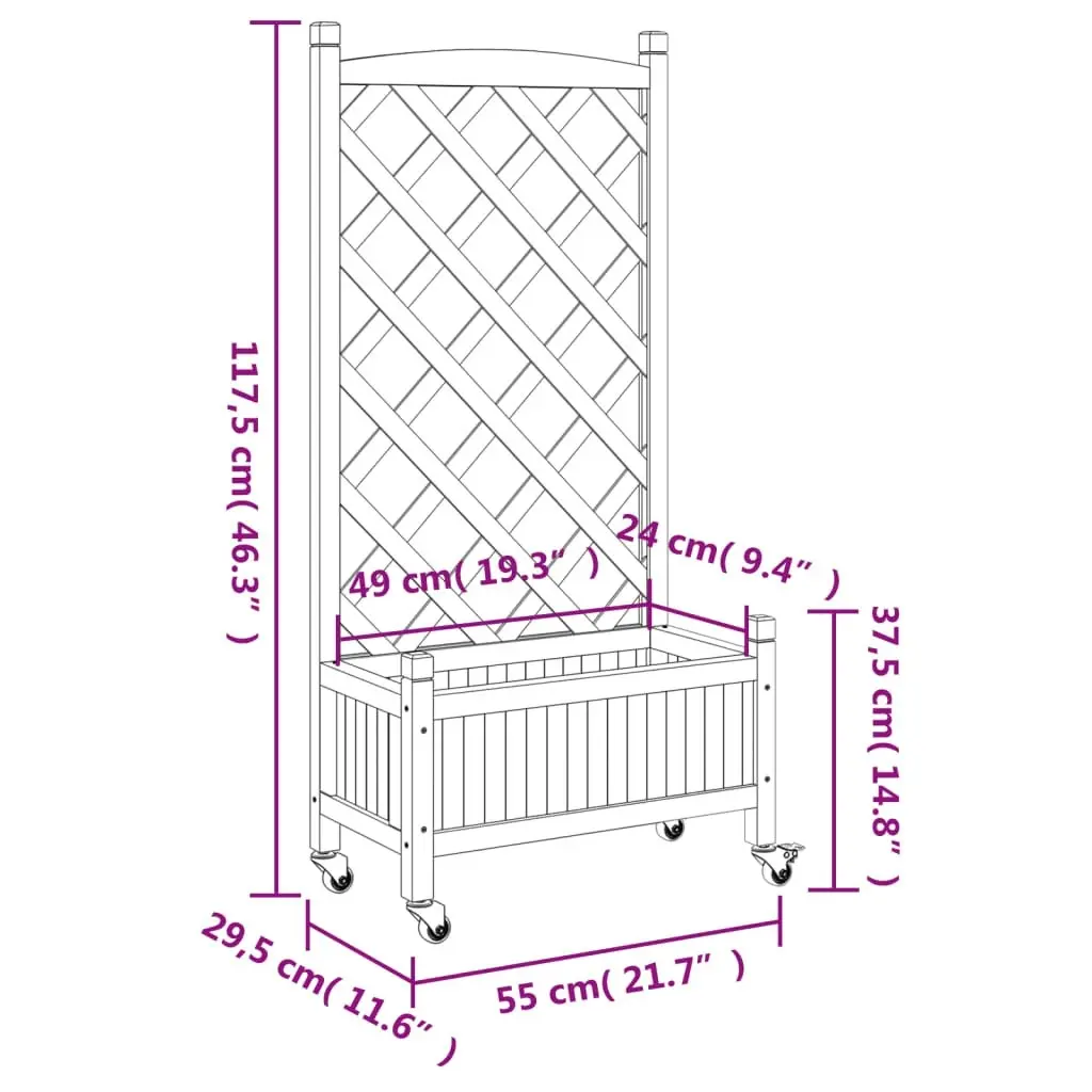 Planter with Trellis and Wheels Black Solid Wood Fir 3207649