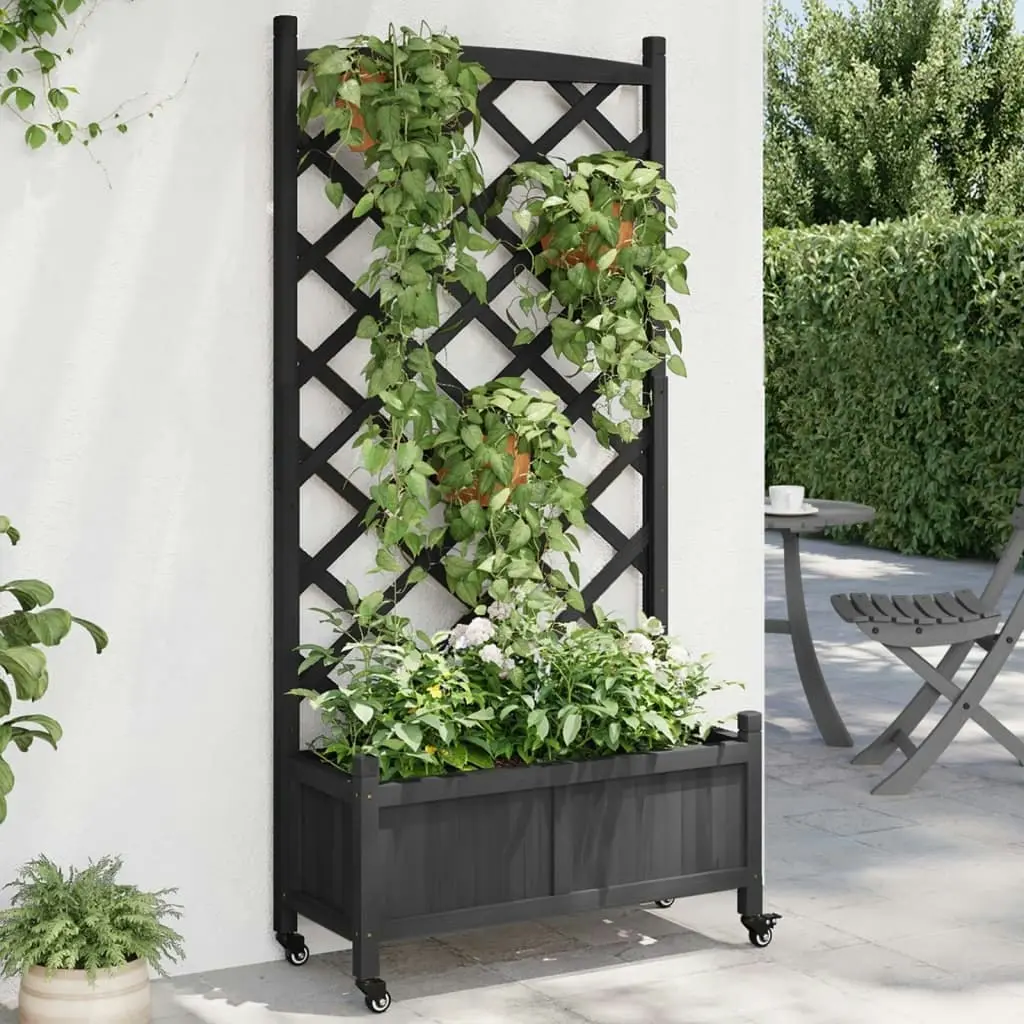 Planter with Trellis and Wheels Black Solid Wood Fir 3207652