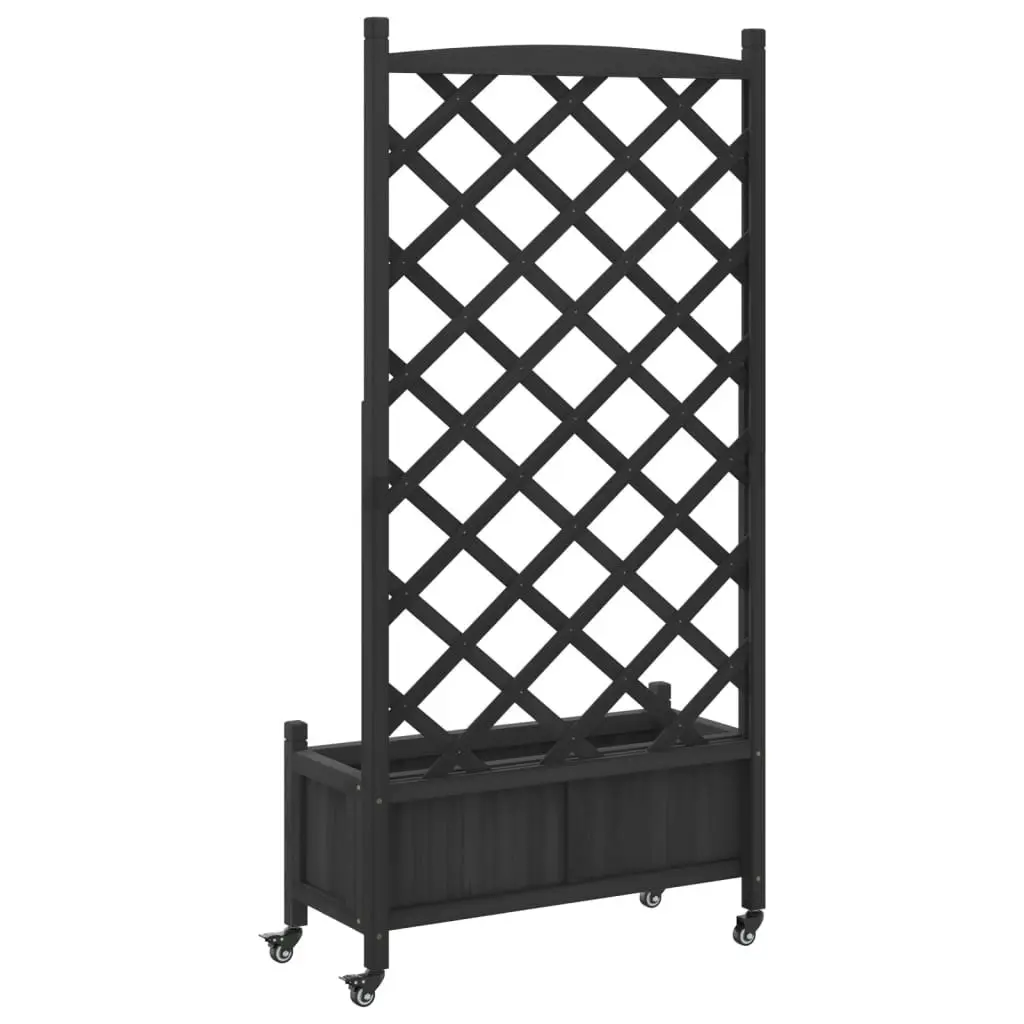 Planter with Trellis and Wheels Black Solid Wood Fir 3207652