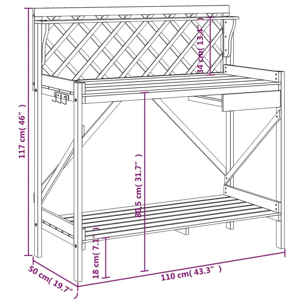 Potting Bench with Trellis Brown Solid Wood Fir 368429