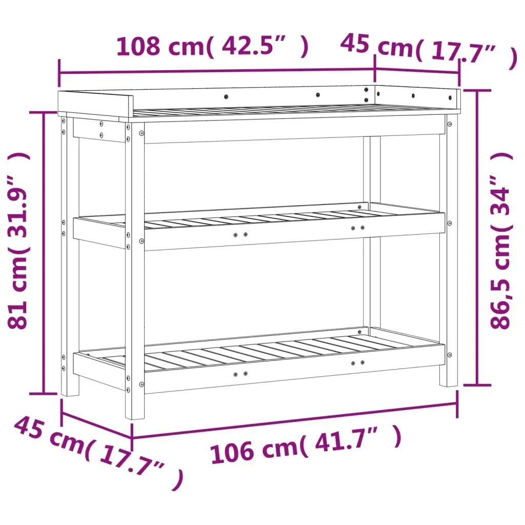 Potting Table with Shelves 108x45x86.5 cm Solid Wood Pine 832437