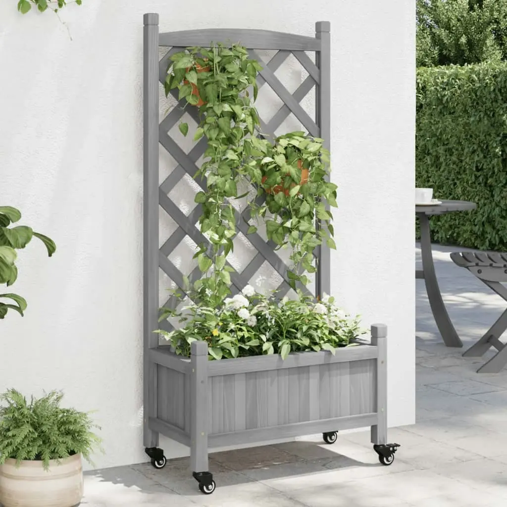 Planter with Trellis and Wheels Grey Solid Wood Fir 3207648