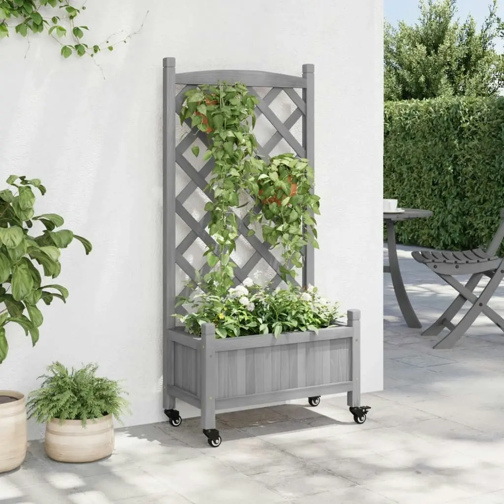 Planter with Trellis and Wheels Grey Solid Wood Fir 3207648