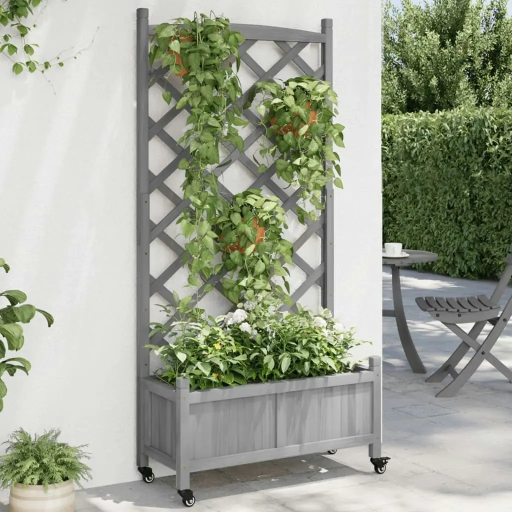 Planter with Trellis and Wheels Grey Solid Wood Fir 3207651