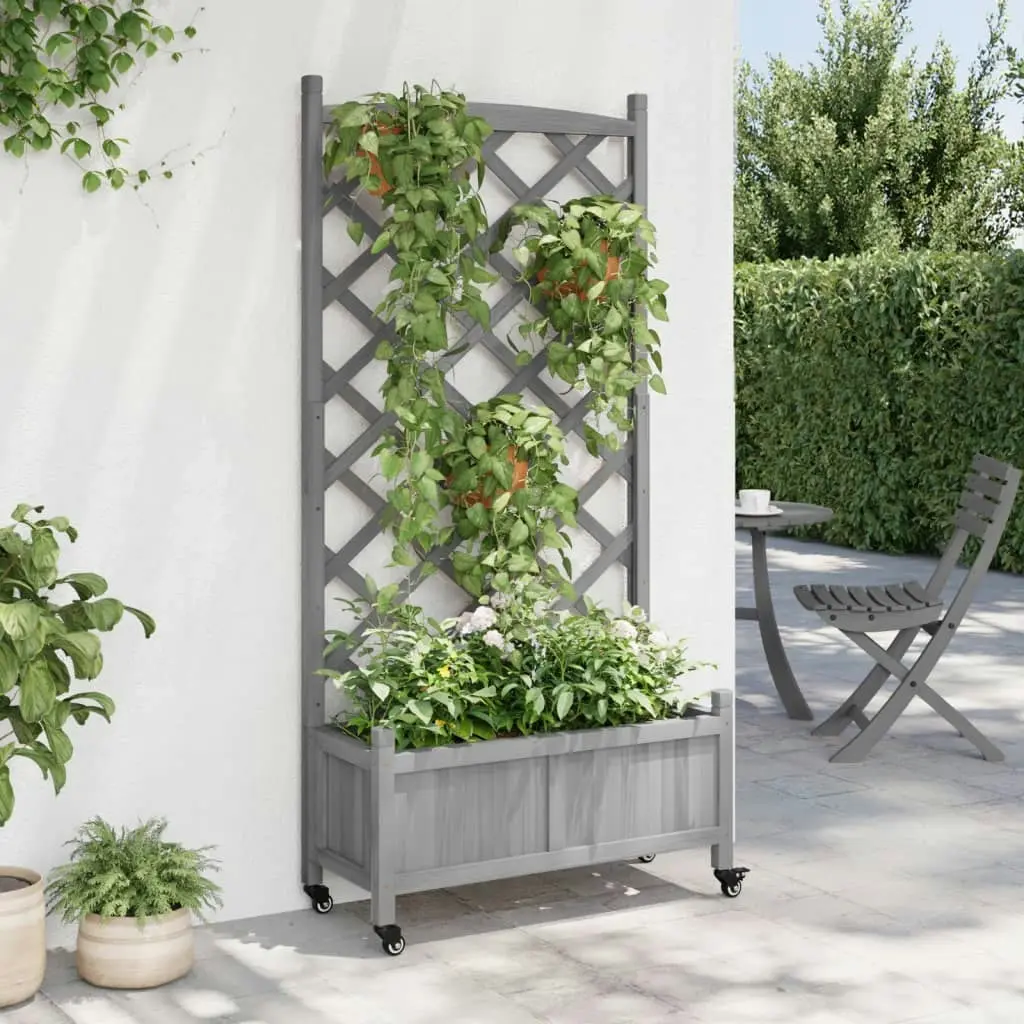 Planter with Trellis and Wheels Grey Solid Wood Fir 3207651