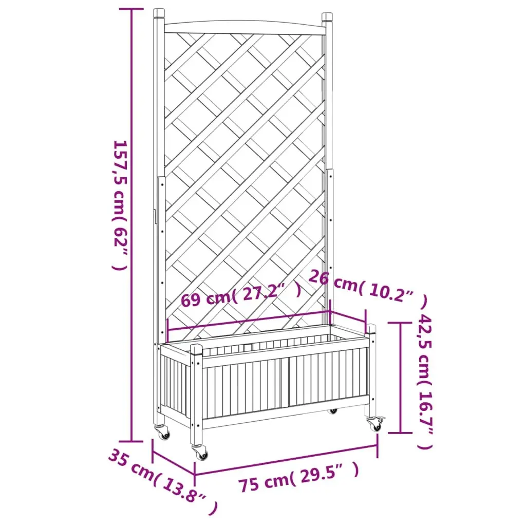 Planter with Trellis and Wheels Grey Solid Wood Fir 3207651