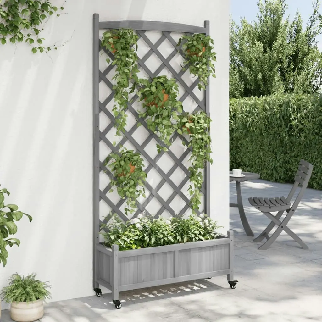 Planter with Trellis and Wheels Grey Solid Wood Fir 3207654