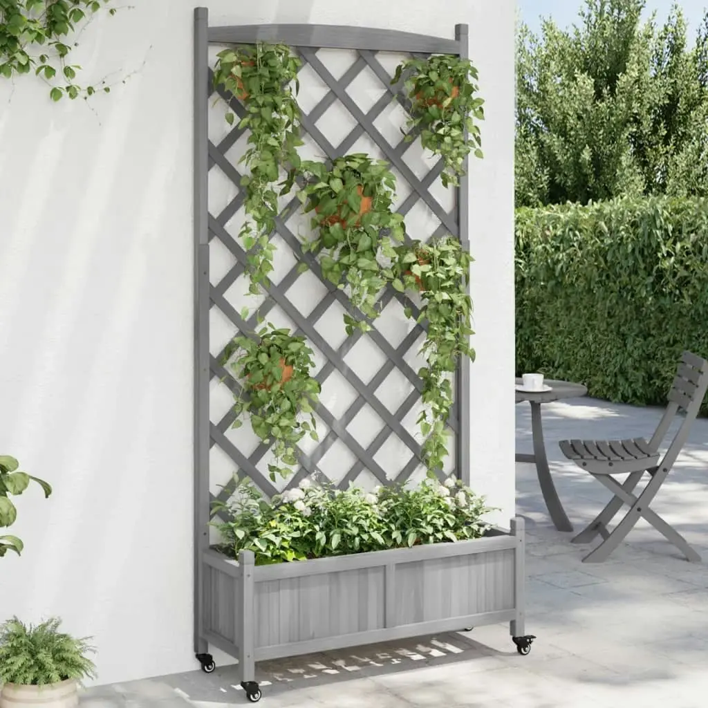 Planter with Trellis and Wheels Grey Solid Wood Fir 3207654