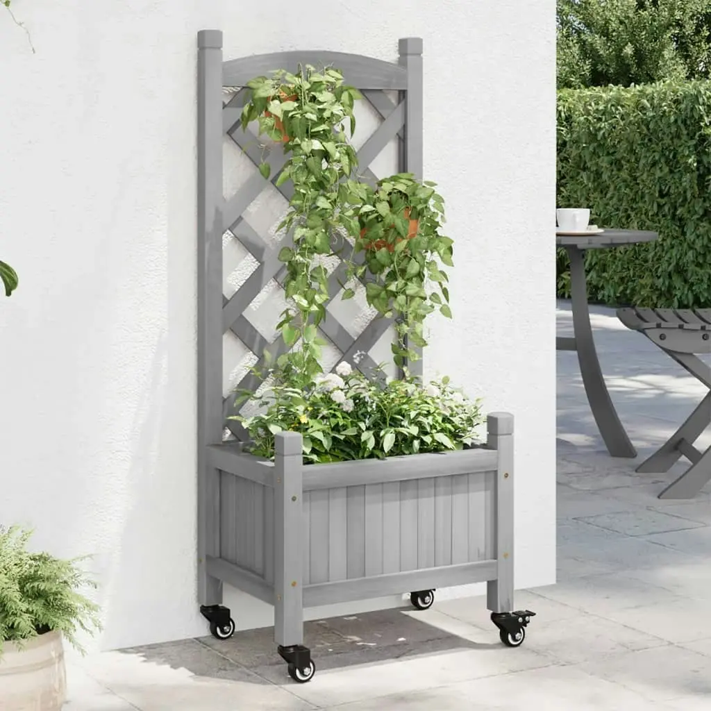 Planter with Trellis and Wheels Grey Solid Wood Fir 3207645