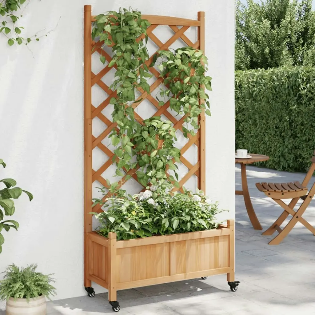 Planter with Trellis and Wheels Brown Solid Wood Fir 3207650