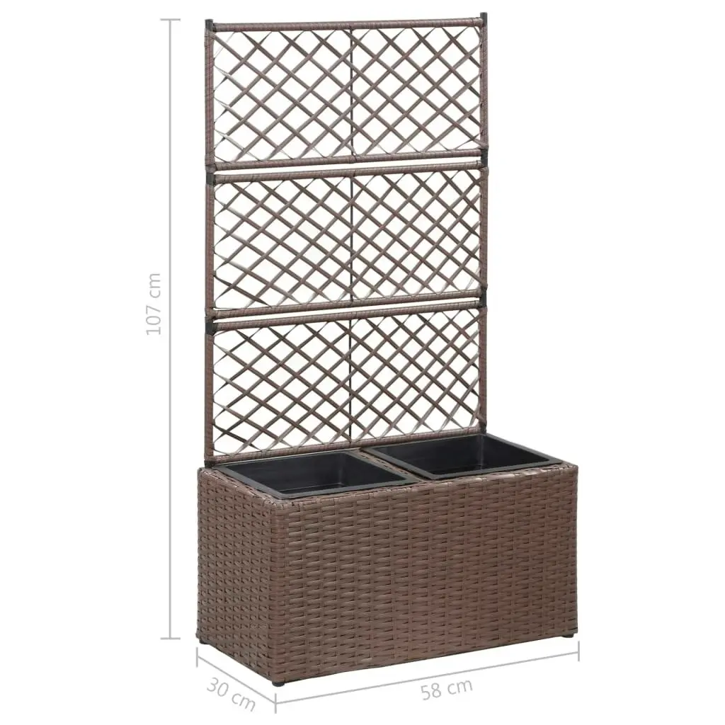 Trellis Raised Bed with 2 Pots 58x30x107 cm Poly Rattan Brown 46937