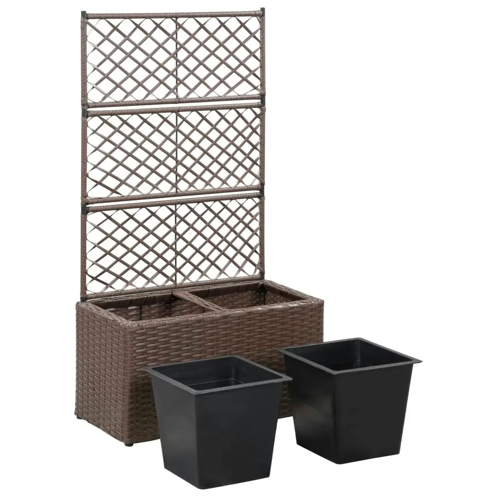 Trellis Raised Bed with 2 Pots 58x30x107 cm Poly Rattan Brown 46937