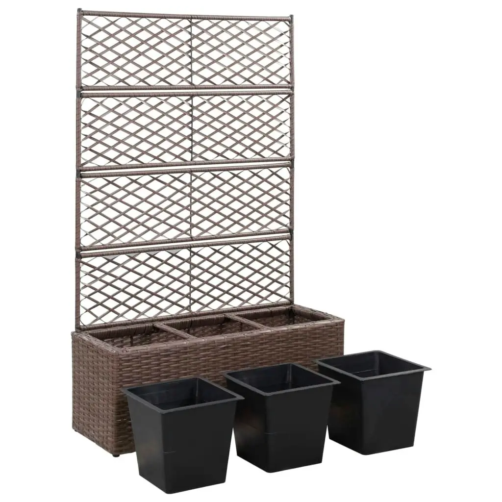 Trellis Raised Bed with 3 Pots 83x30x130 cm Poly Rattan Brown 46938