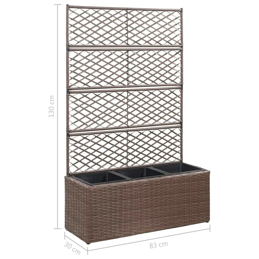 Trellis Raised Bed with 3 Pots 83x30x130 cm Poly Rattan Brown 46938