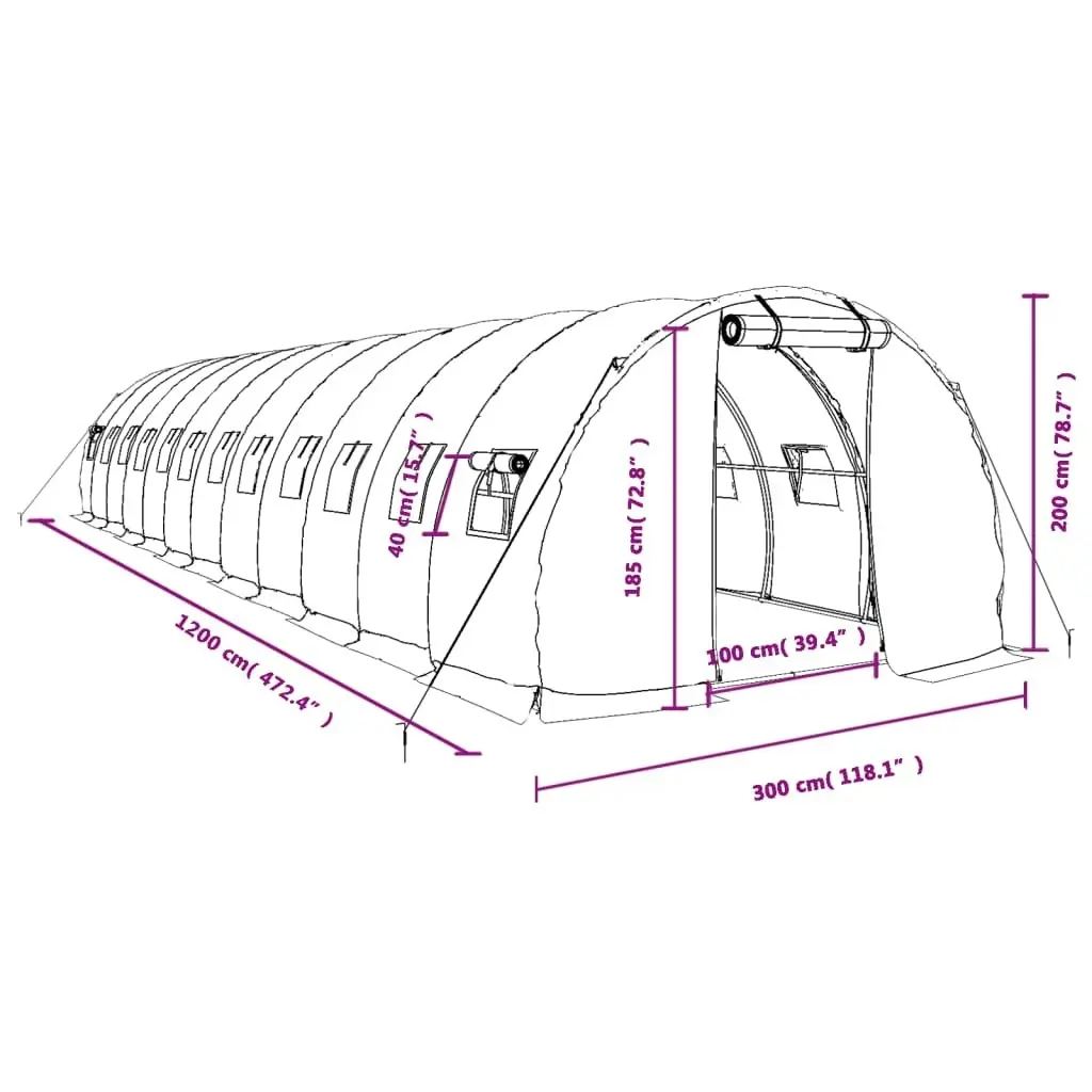 Greenhouse with Steel Frame White 36 mÂ² 12x3x2 m 3188054