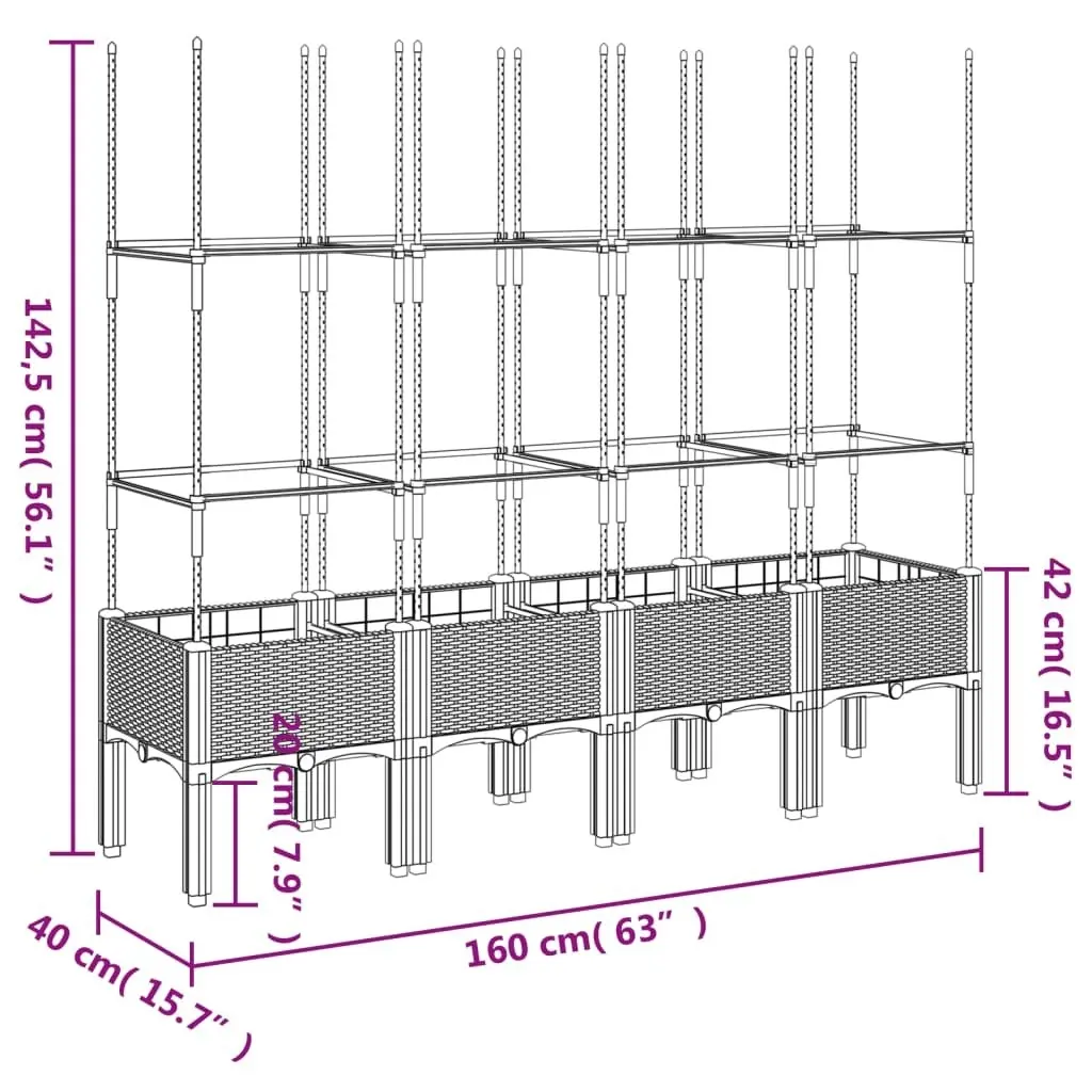 Garden Planter with Trellis Grey 160x40x142.5 cm PP 367961