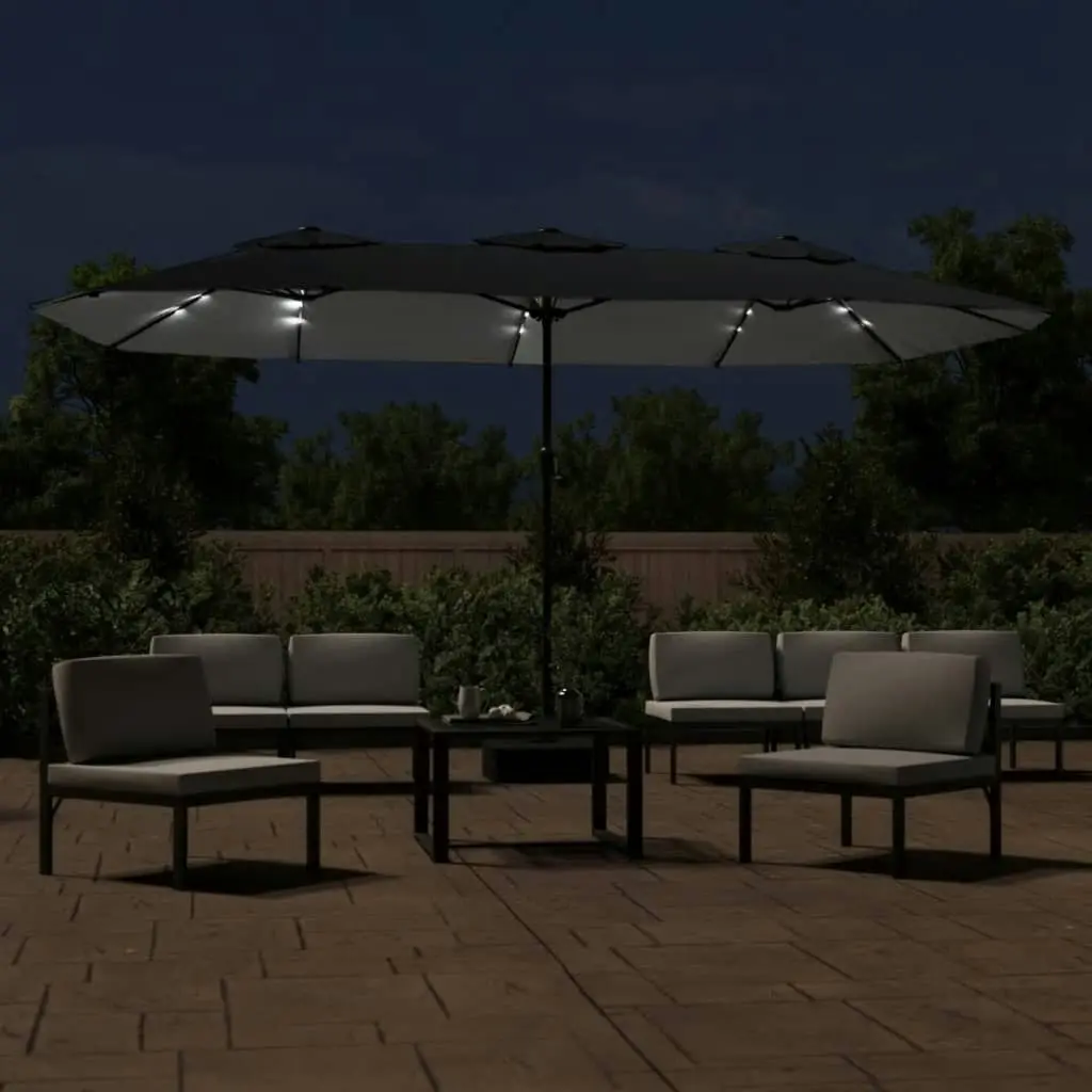 Double-Head Parasol with LEDs Black 449x245 cm 362959