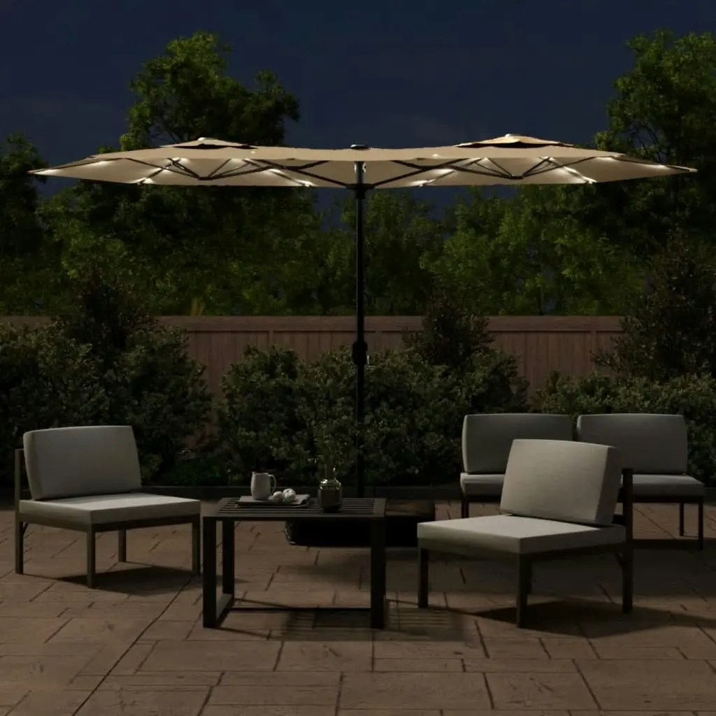 Double-Head Parasol with LEDs Taupe 316x240 cm 362972