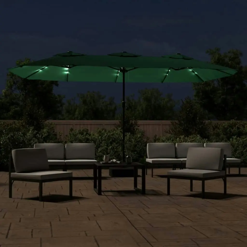 Double-Head Parasol with LEDs Green 449x245 cm 362954