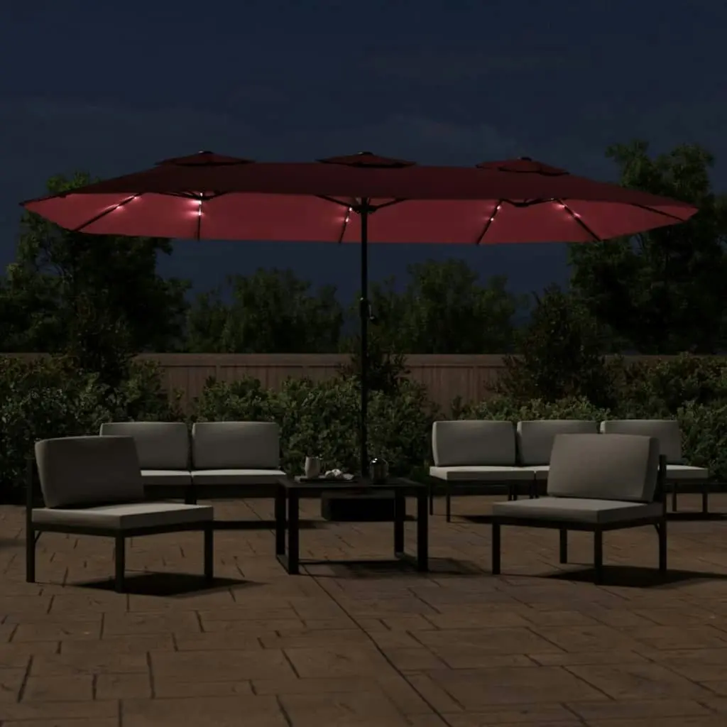 Double-Head Parasol with LEDs Bordeaux Red 449x245 cm 362957