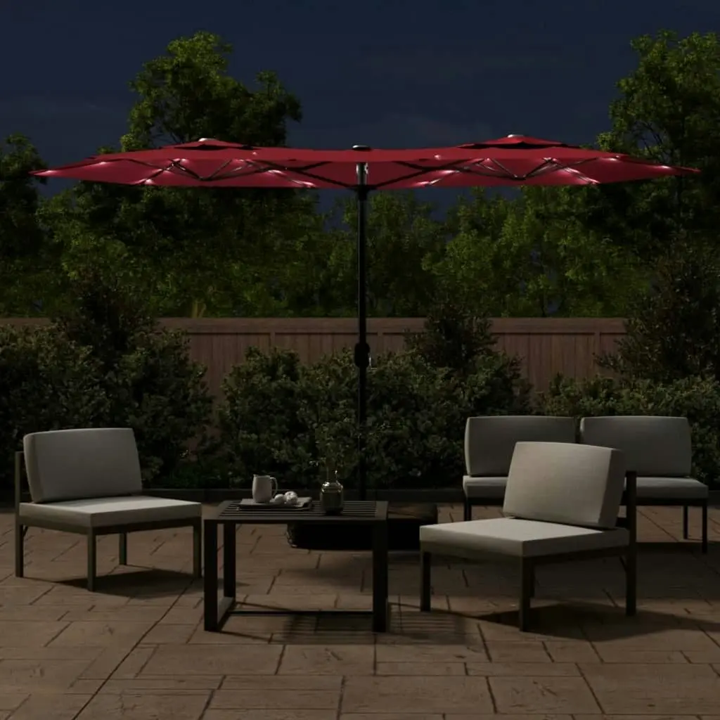 Double-Head Parasol with LEDs Bordeaux Red 316x240 cm 362973