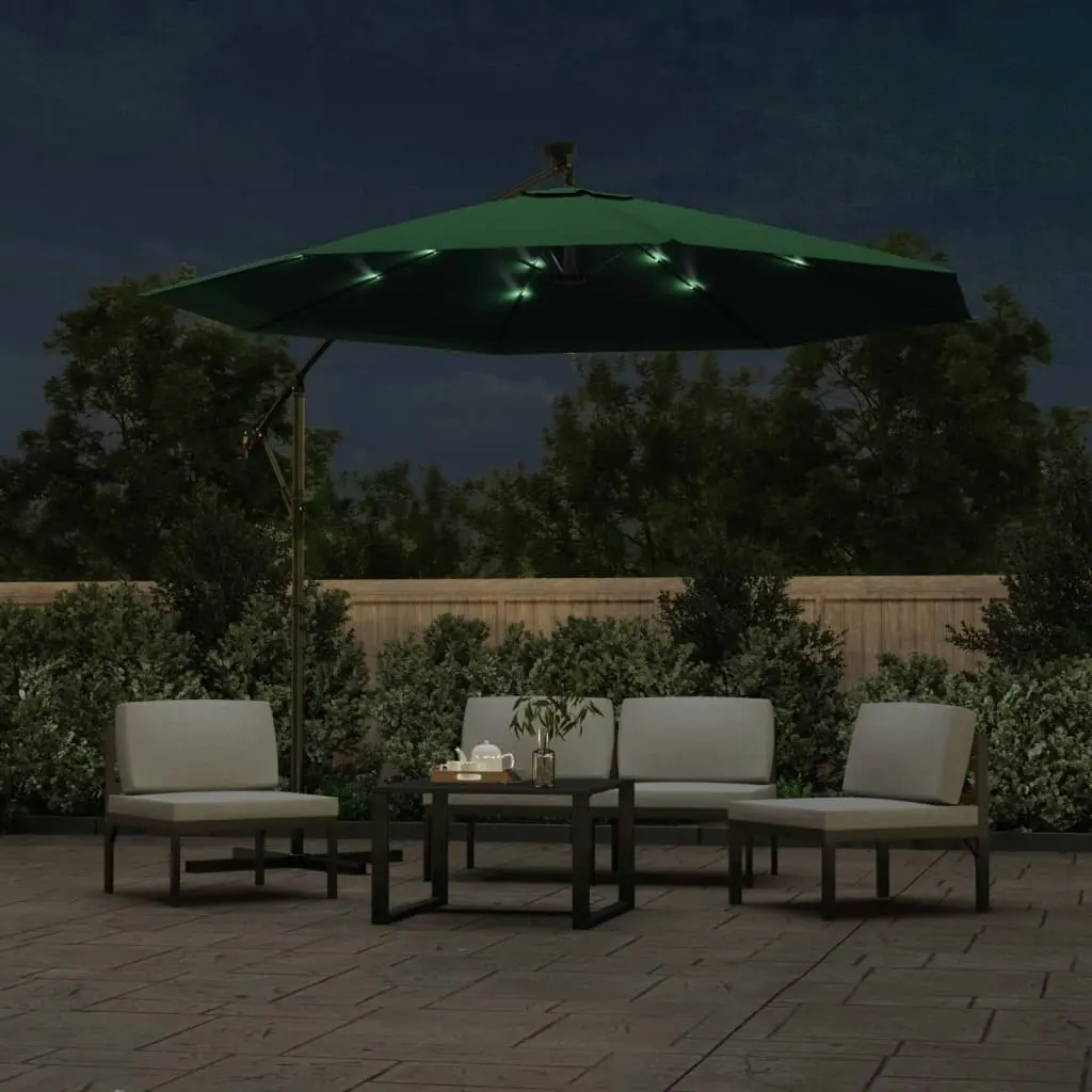 Hanging Parasol with LED Lighting 300 cm Green Metal Pole 42969