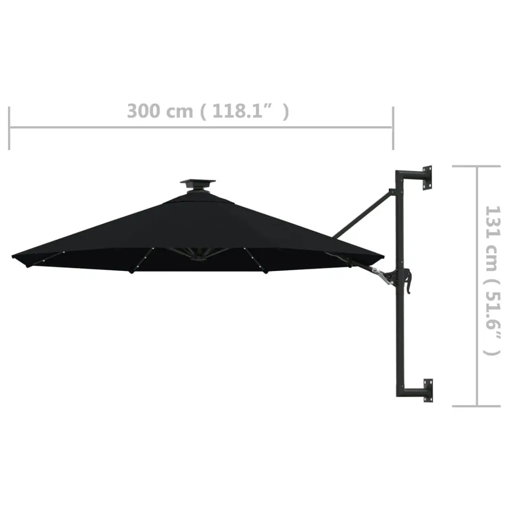 Wall-mounted Parasol with LEDs and Metal Pole 300 cm Black 312528