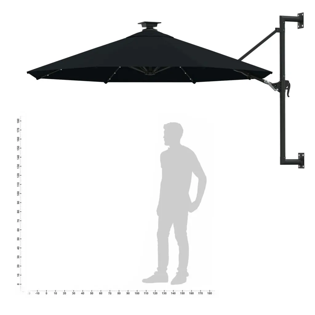 Wall-mounted Parasol with LEDs and Metal Pole 300 cm Black 312528