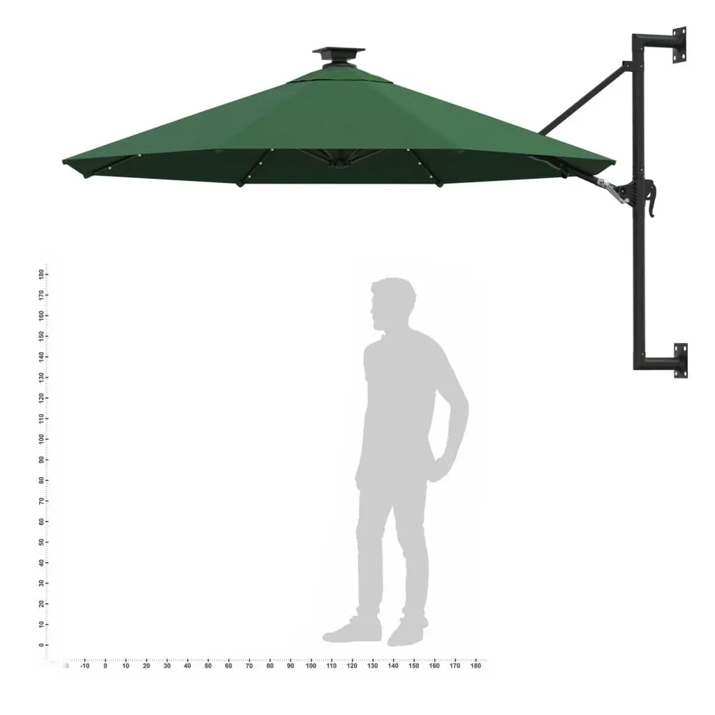 Wall-mounted Parasol with LEDs and Metal Pole 300 cm Green 312523