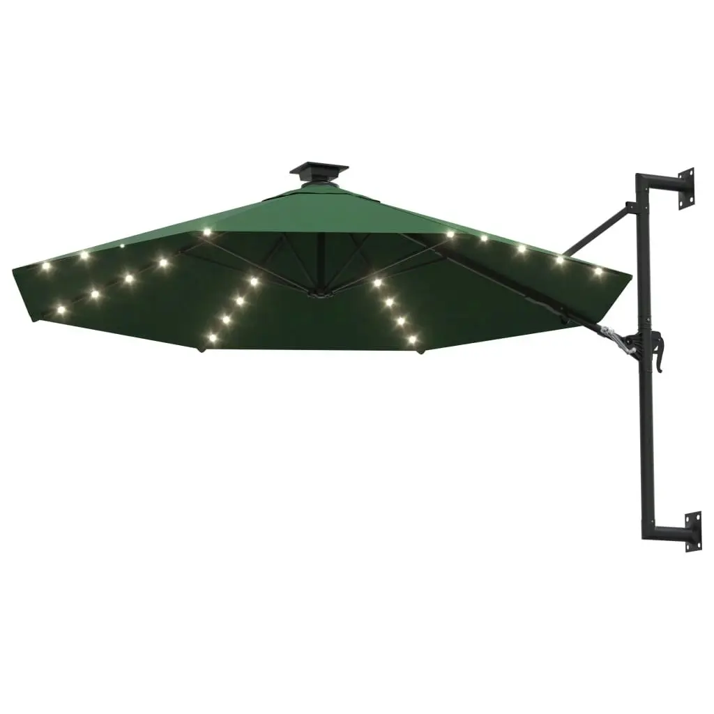 Wall-mounted Parasol with LEDs and Metal Pole 300 cm Green 312523