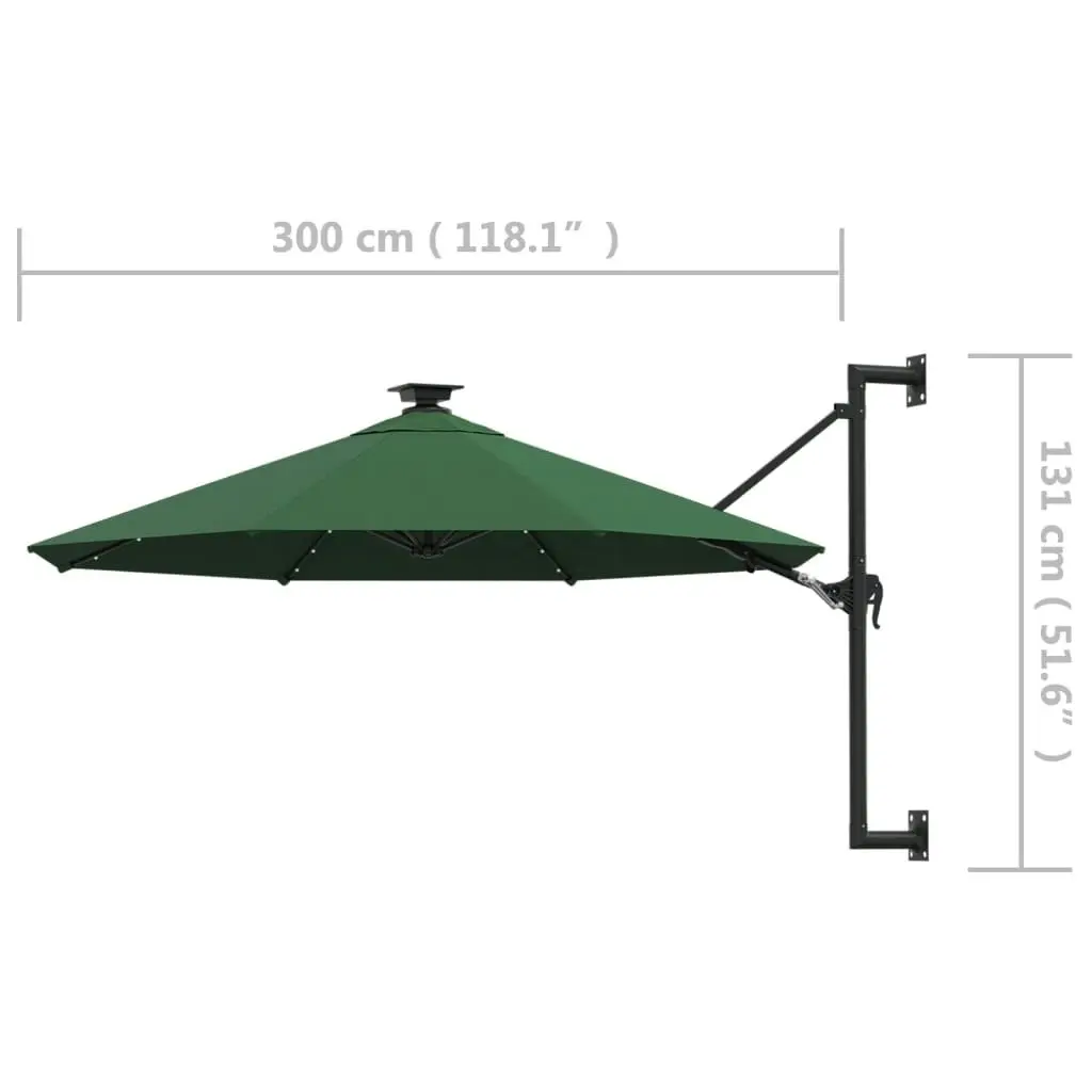 Wall-mounted Parasol with LEDs and Metal Pole 300 cm Green 312523