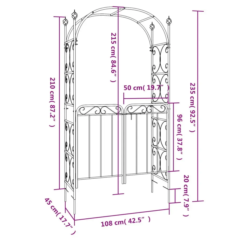 Garden Arch with Gate Black 108x45x235 cm Steel 319352