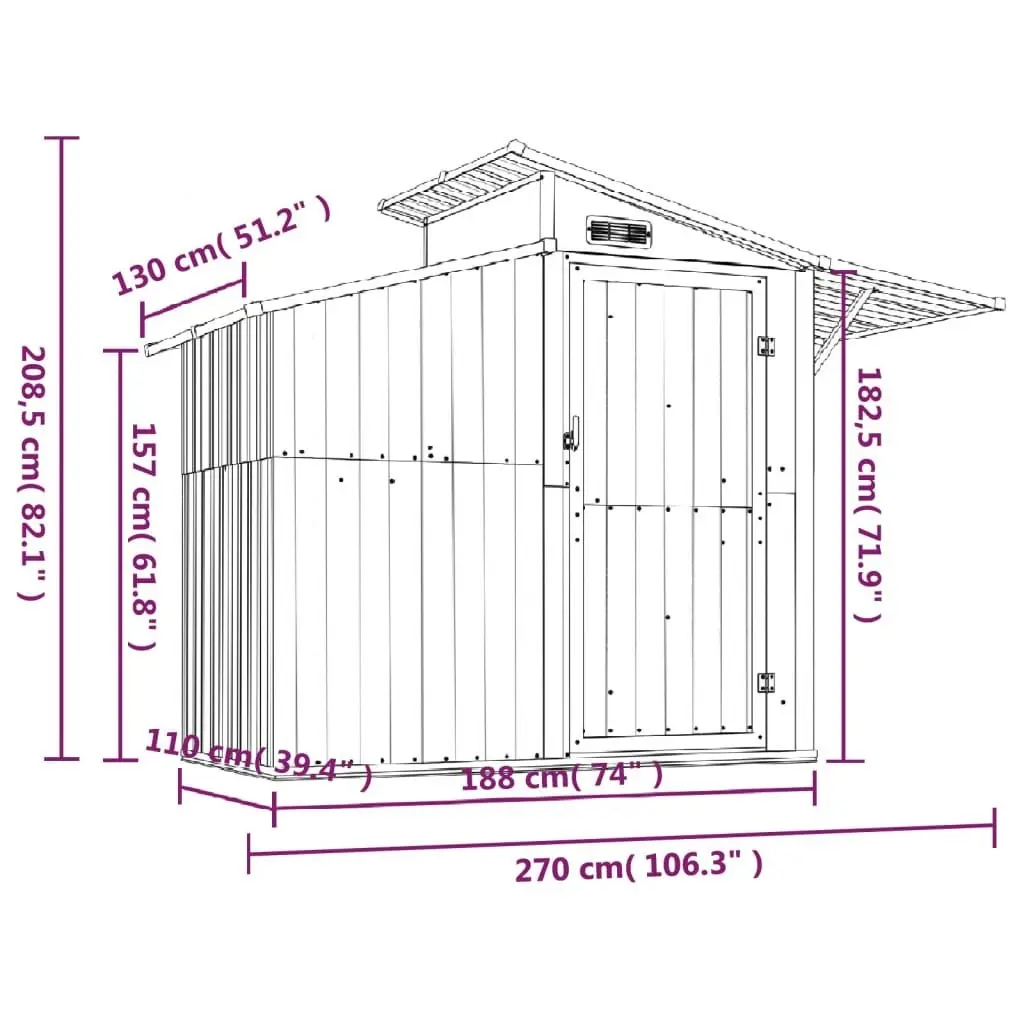 Garden Shed Grey 270x130x208.5 cm Galvanised Steel 316243