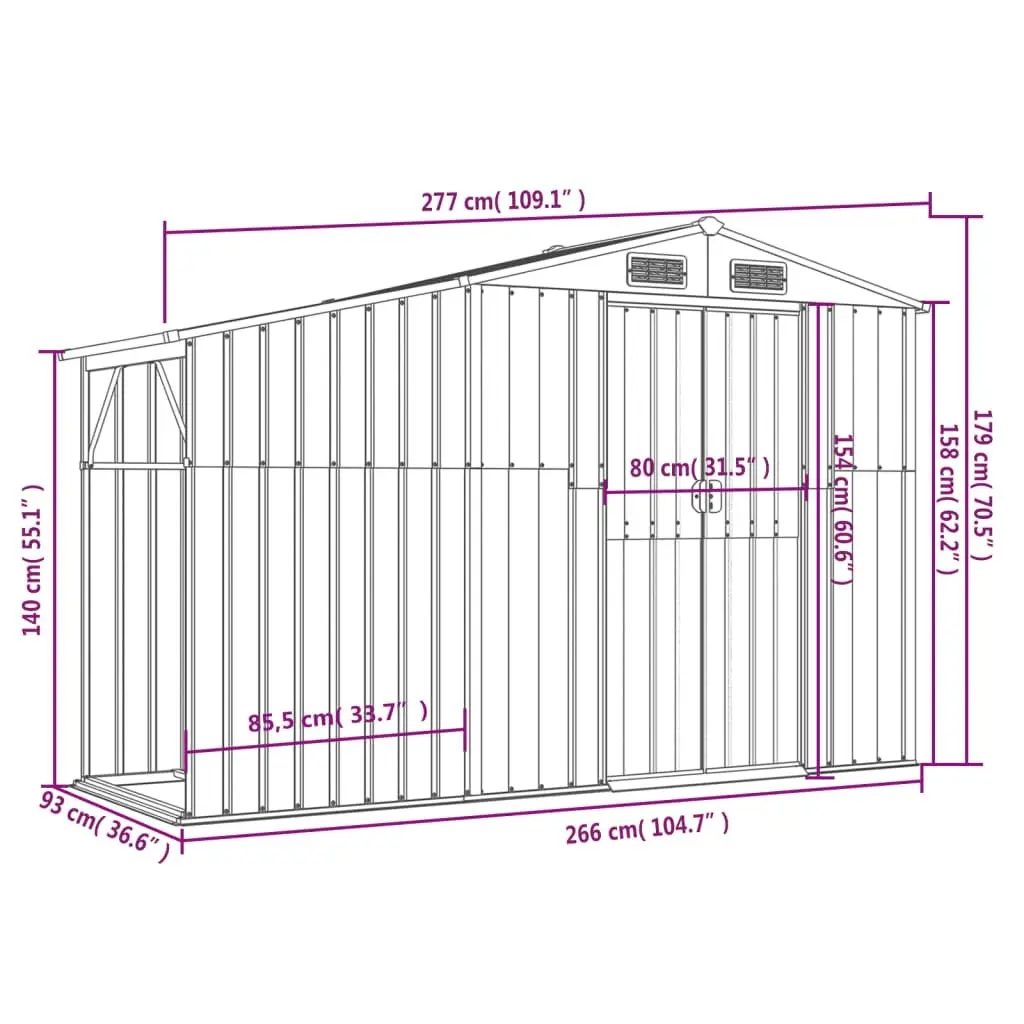 Garden Shed Grey 277x93x179 cm Galvanised Steel 364516