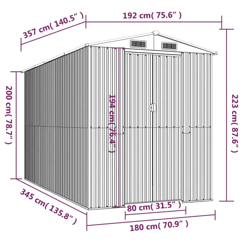 Garden Shed Light Grey 192x357x223 cm Galvanised Steel 3147440