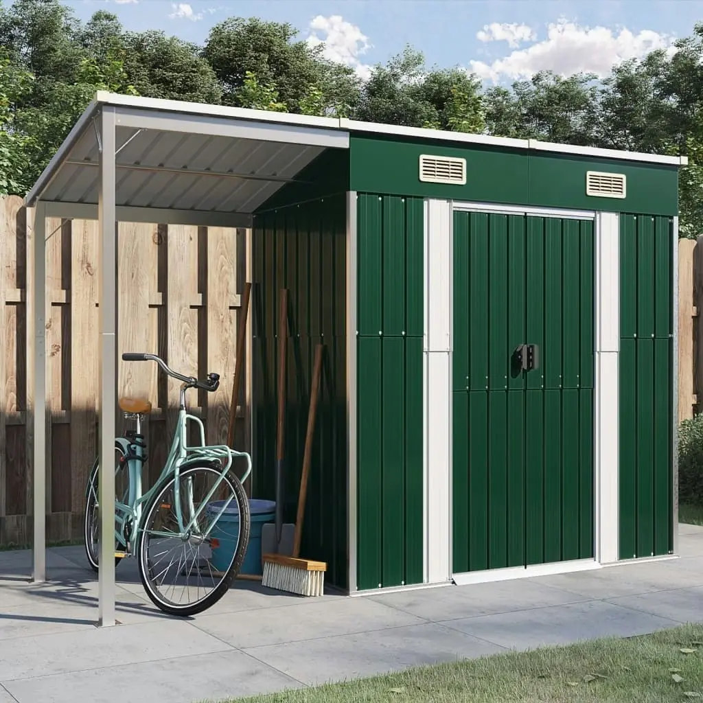 Garden Shed with Extended Roof Green 277x110.5x181 cm Steel 364524