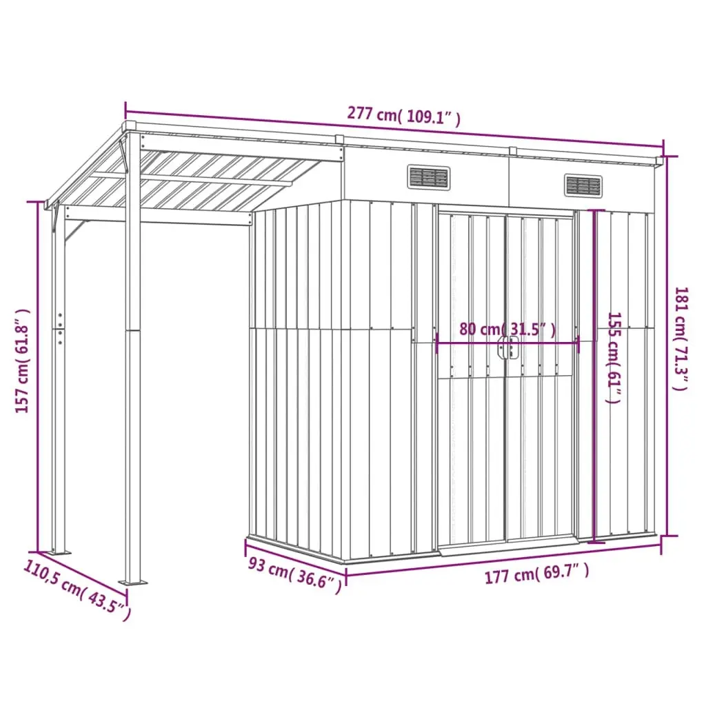 Garden Shed with Extended Roof Light Grey 277x110.5x181 cm Steel 364525