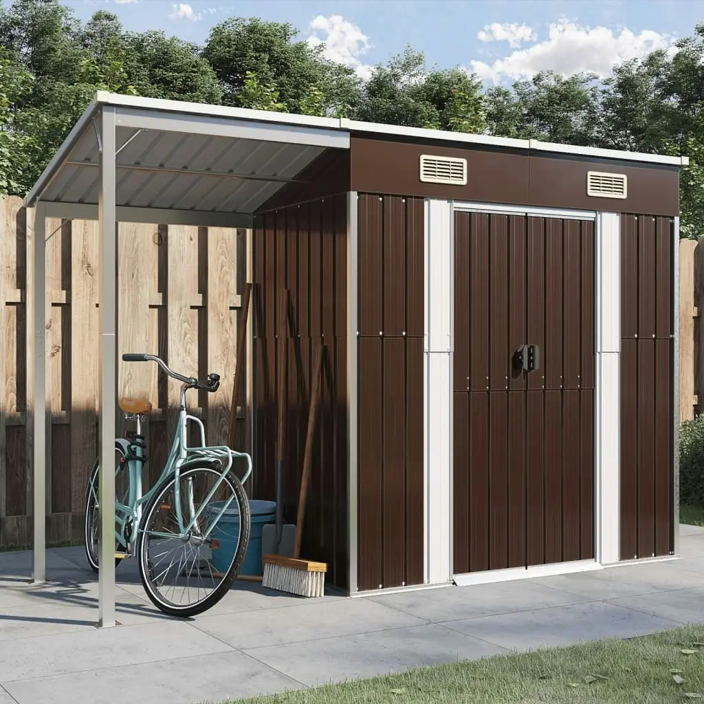 Garden Shed with Extended Roof Brown 277x110.5x181 cm Steel 364527