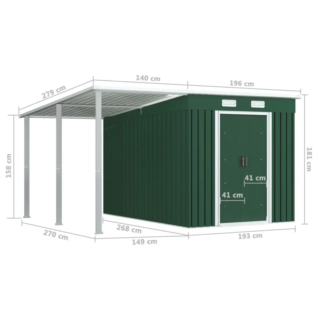 Garden Shed with Extended Roof Green 336x270x181 cm Steel 144041