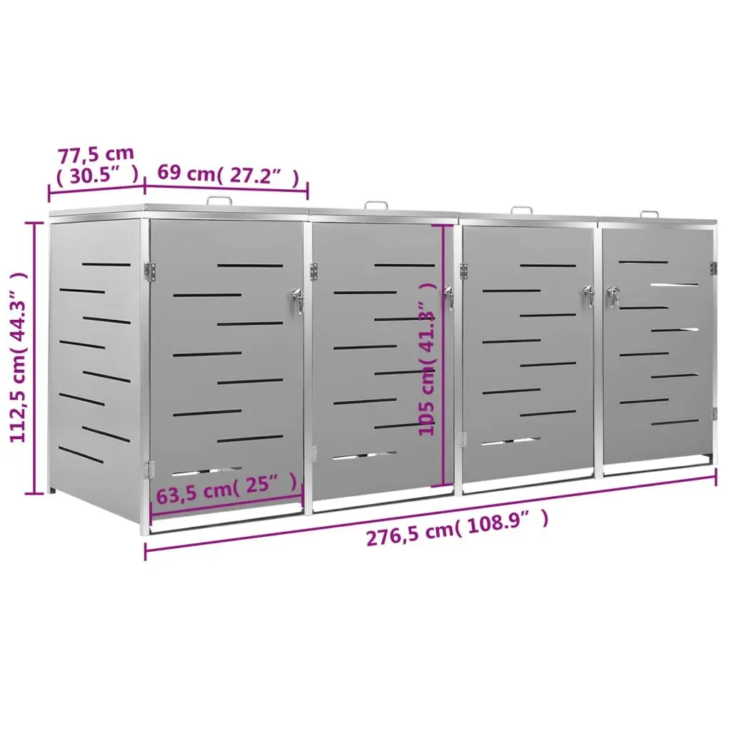 Quadruple Wheelie Bin Shed 276.5x77.5x112.5 cm Stainless Steel 149561