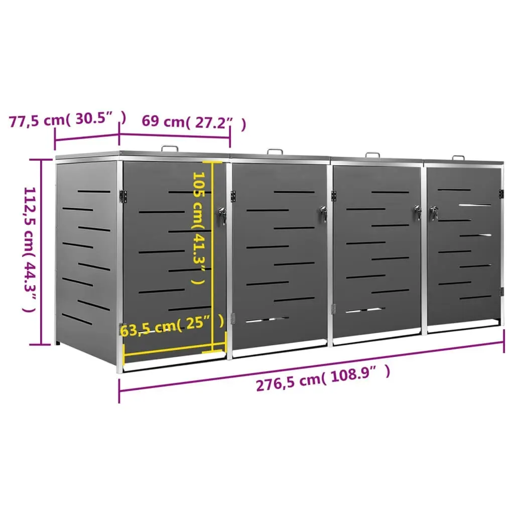 Quadruple Wheelie Bin Shed 276.5x77.5x112.5 cm Stainless Steel 149557