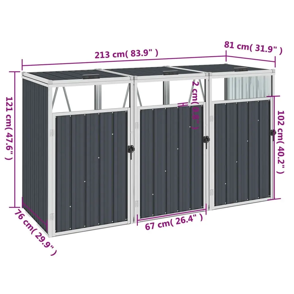 Triple Garbage Bin Shed Anthracite 213x81x121 cm Steel 46283