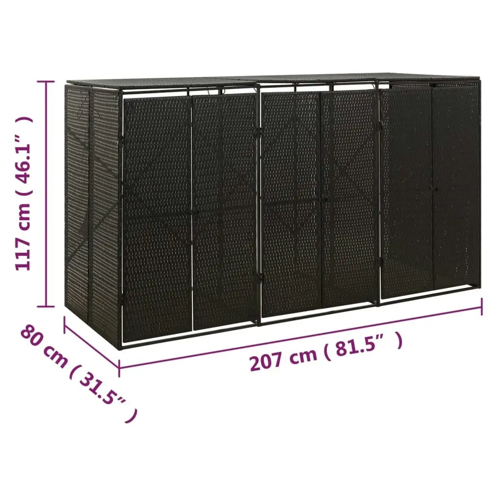 Triple Wheelie Bin Shed Black 207x80x117 cm Poly Rattan 319862