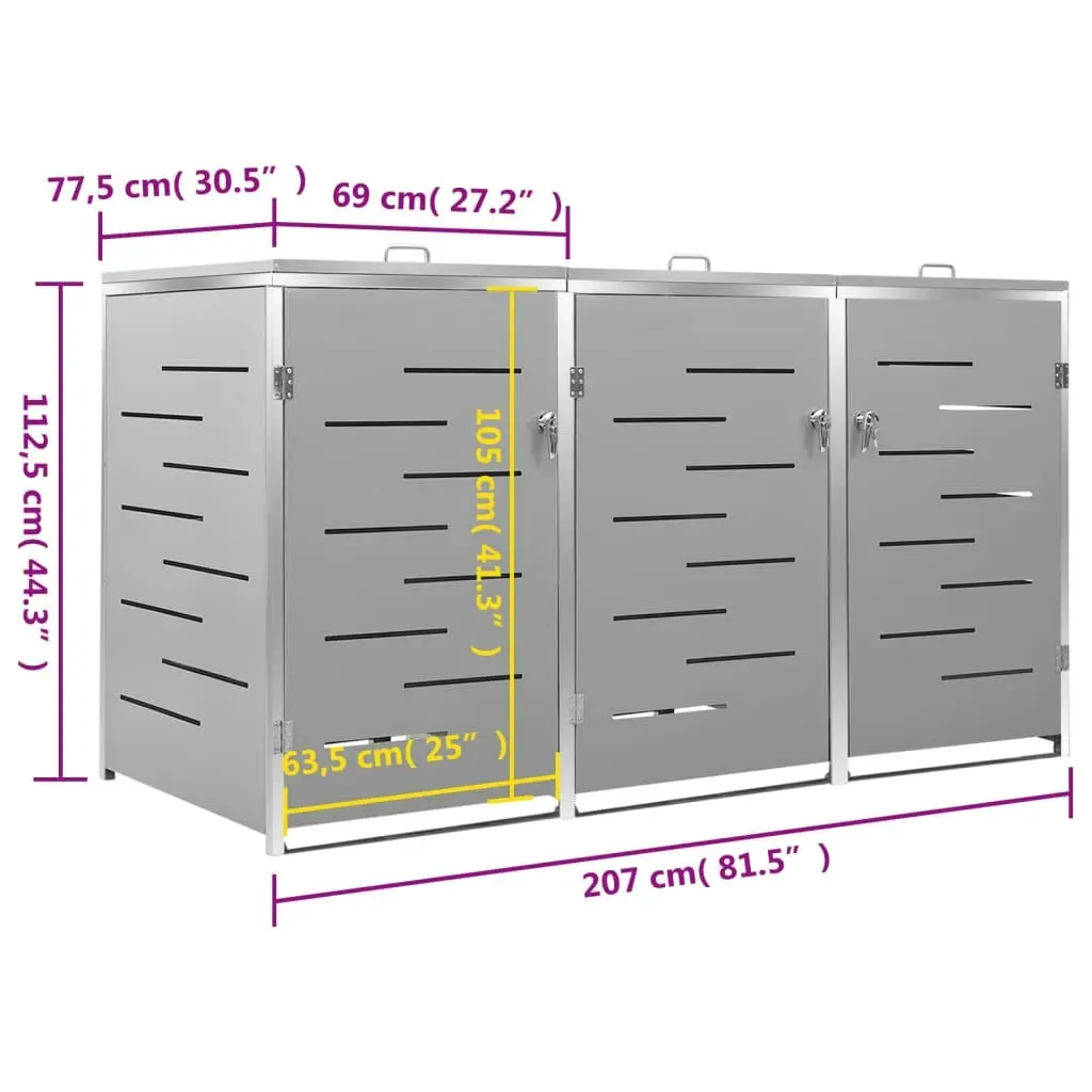 Triple Wheelie Bin Shed 207x77.5x112.5 cm Stainless Steel 149560